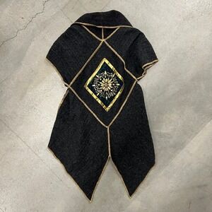 Serrahna Artisinal Wool Open Cardigan Vest - Gold Embroidered Diamond - One Size